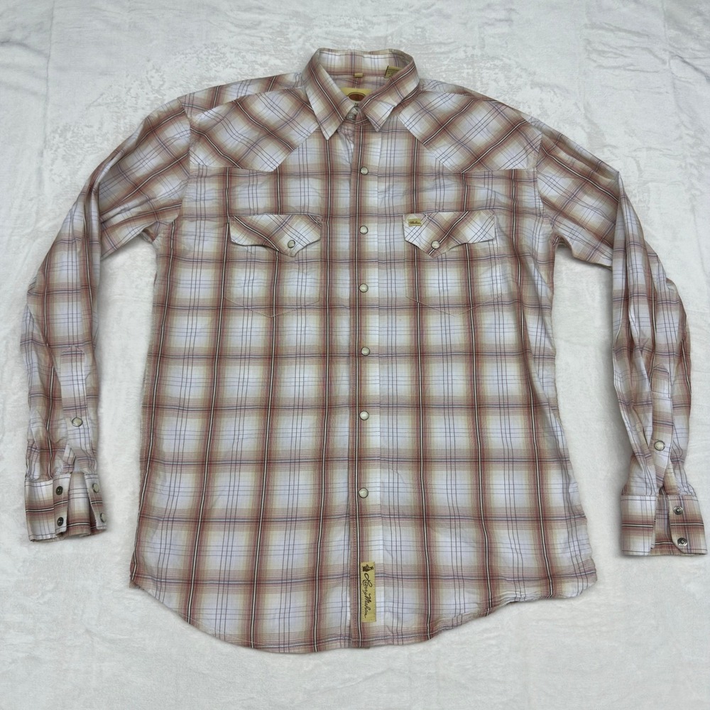 Larry Mahan Pearl Snap Shirt Mens Large White Red Plaid Cowboy Western Retro